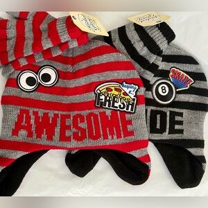 2 Beanie & Glove Sets, Fleece Lined, Awesome, Dude, Red Black